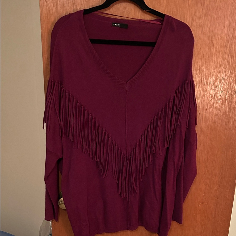 DKNY Women's V-Neck Sweater in Deep cranberry with Fringe